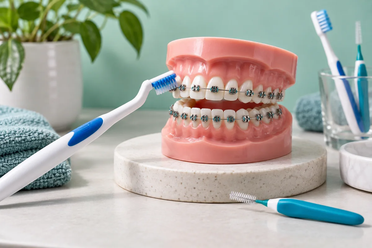Imagem editorial: Higiene oral com aparelho fixo